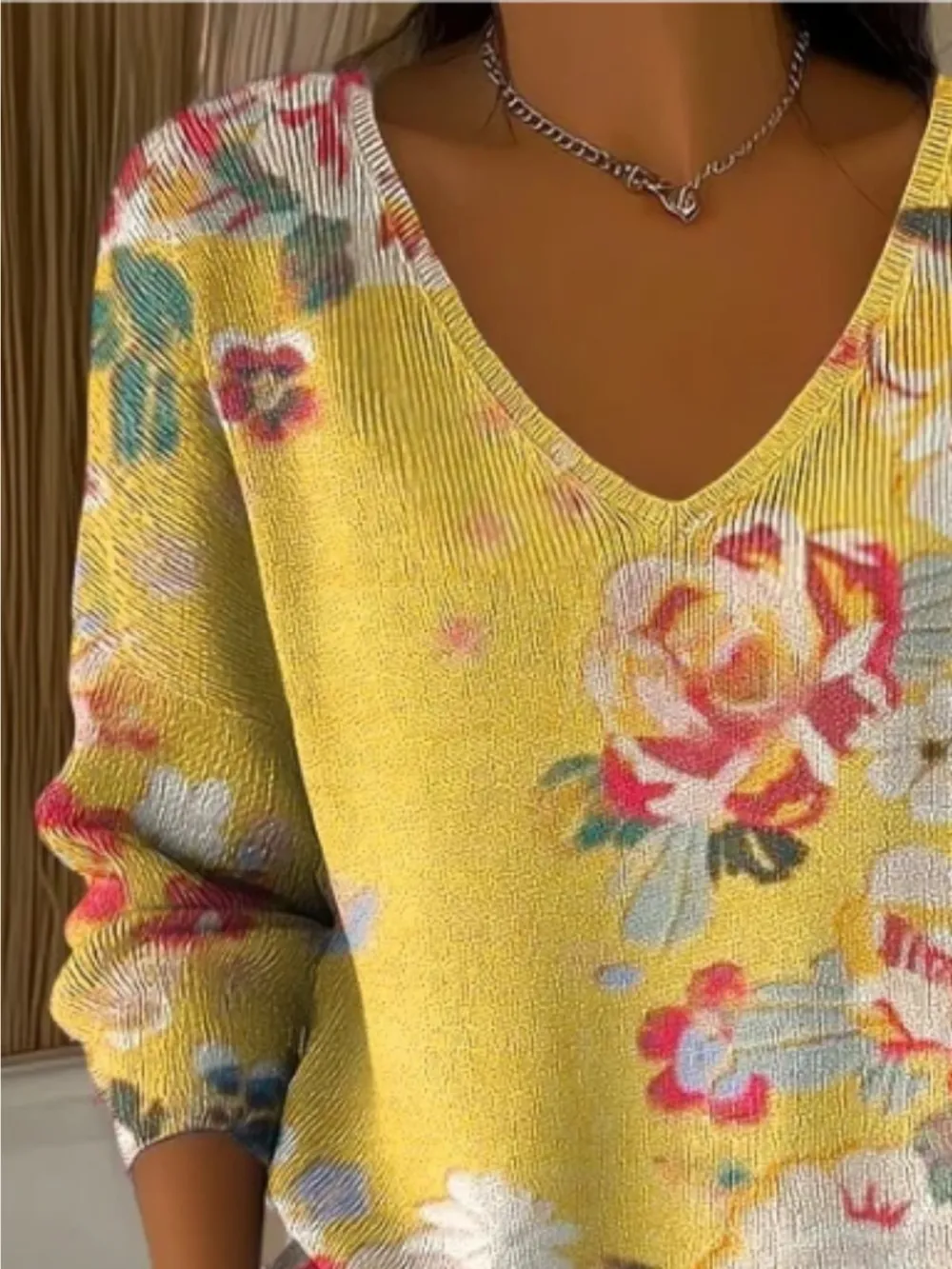 Casual V Neck Floral Sweater