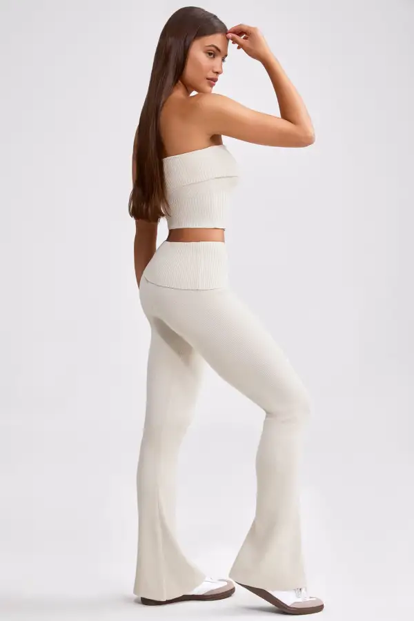 Fold Over Kick Flare Chunky Knit Trousers in Cream