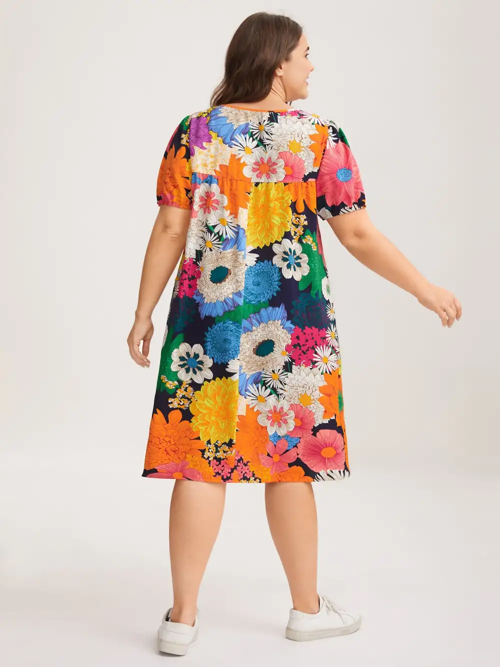 Large Floral Print Neck Tie Midi Dress