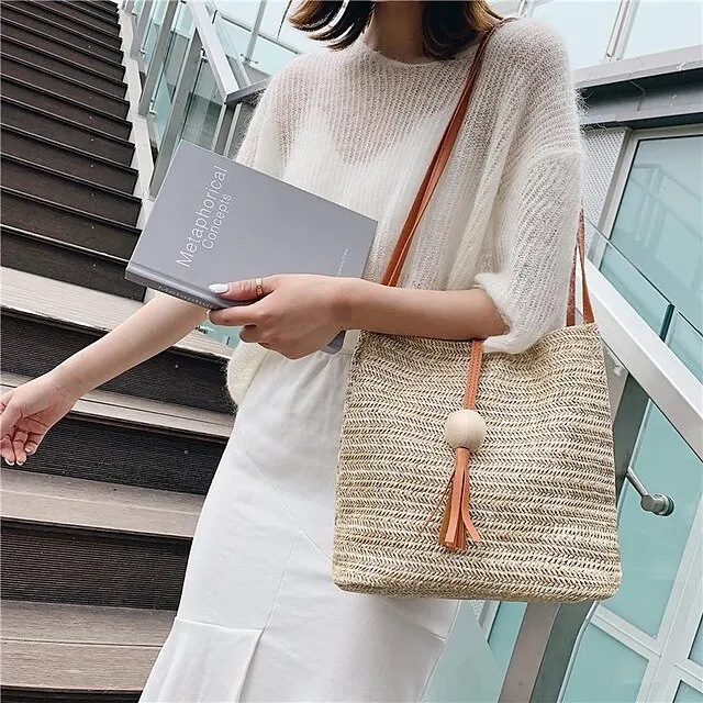 Women's Shoulder Bag Straw Bag Straw Shopping Daily Large Capacity Waterproof Breathable Solid Color Pink Fuchsia Brown