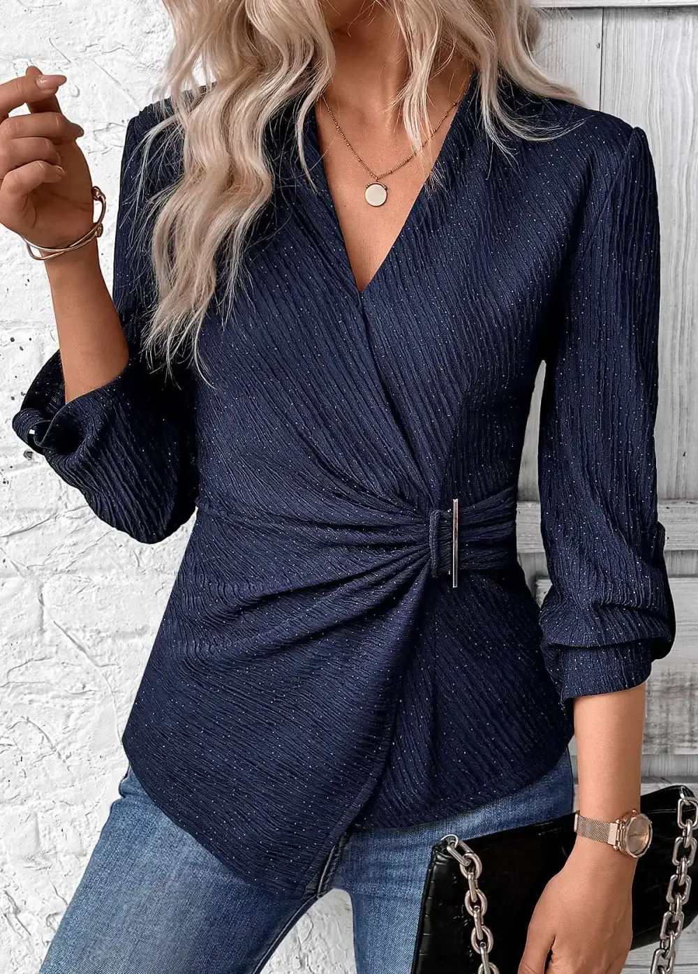 Navy Surplice Long Sleeve V Neck Shirt