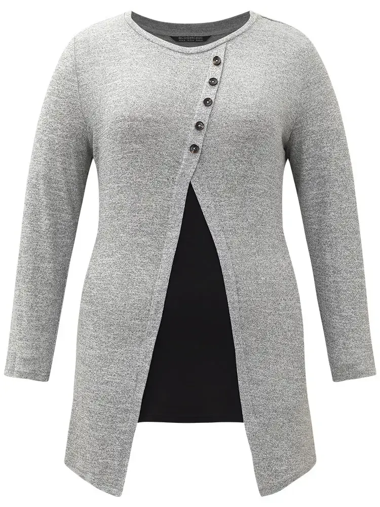 Contrast Patchwork Crew Neck Button Detail T-Shirt