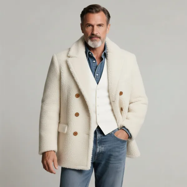 Men's White Teddy Fleece Lapel Collar Long Sleeve Double Breasted Blazer