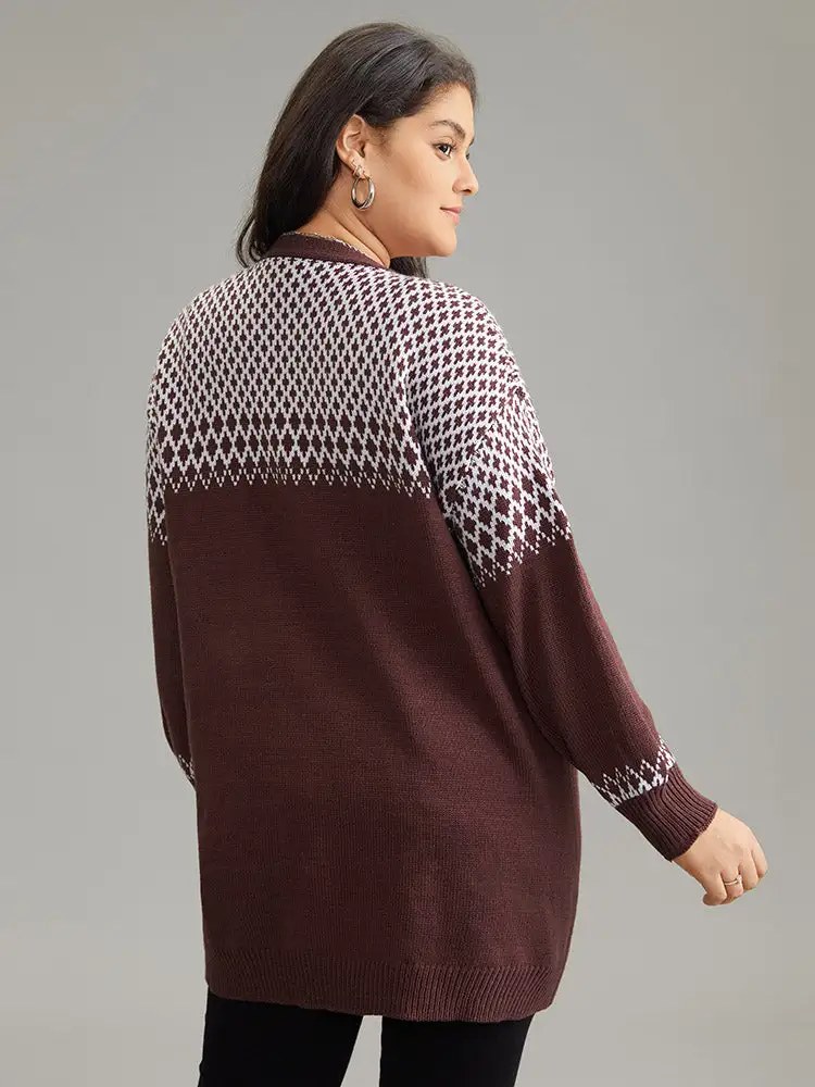 Geometric Contrast Patched Pocket Jacquard Cardigan