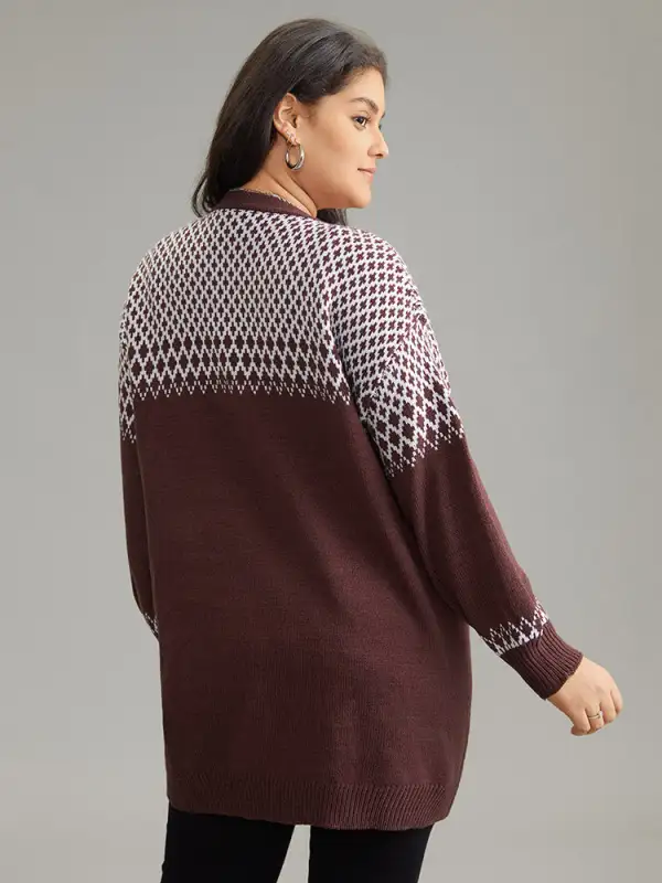 Geometric Contrast Patched Pocket Jacquard Cardigan