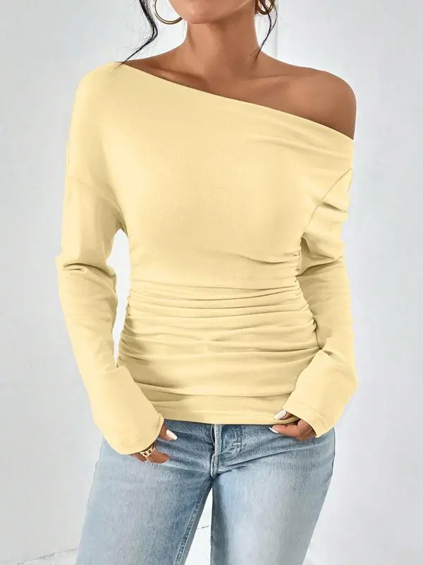 Women's Ruched Asymmetrical Neck Drop - Shoulder Tee