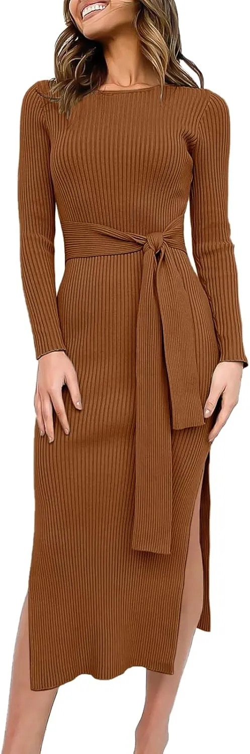 Long Sleeve Sweater Dress Crew Neck Slim Fit Slit Tie Waist 2024 Ribbed Knit Bodycon Midi Dress Fall Outfits