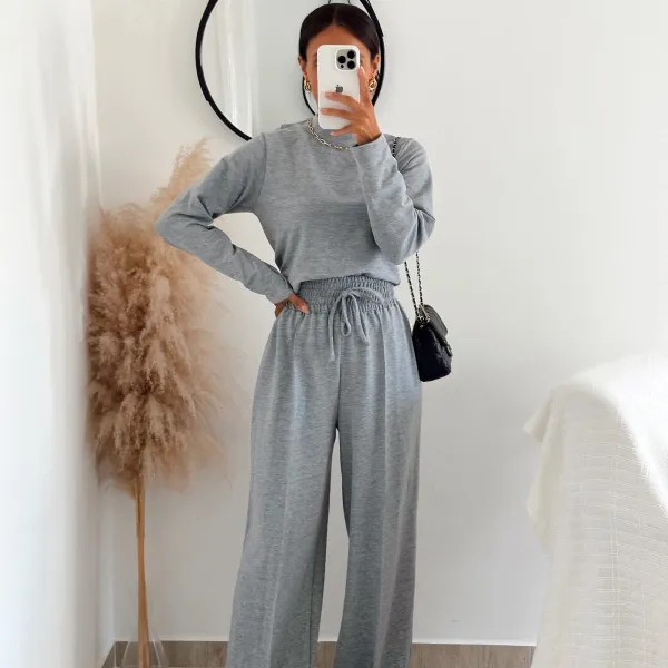 Solid color round neck wide leg casual set