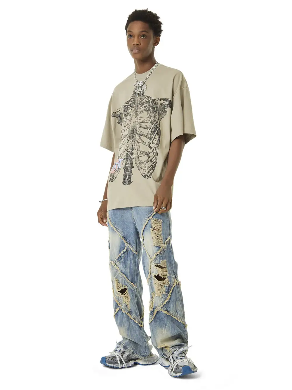 Heavy Washed Ripped Plaid Stitching Hip-Hop Jeans - 2174