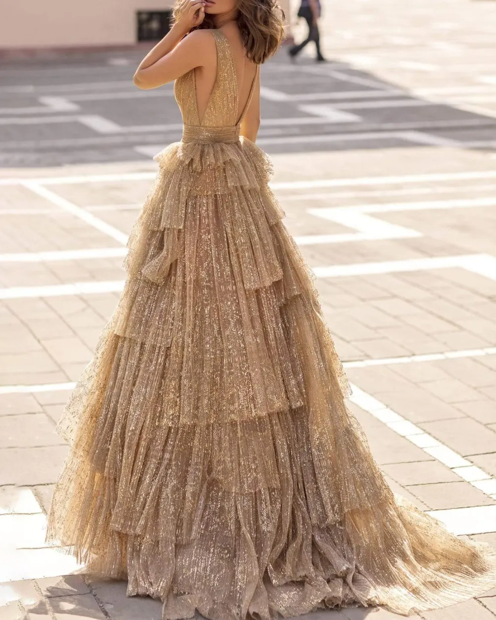 elegant layered tulle glitter v-neck maxi dress