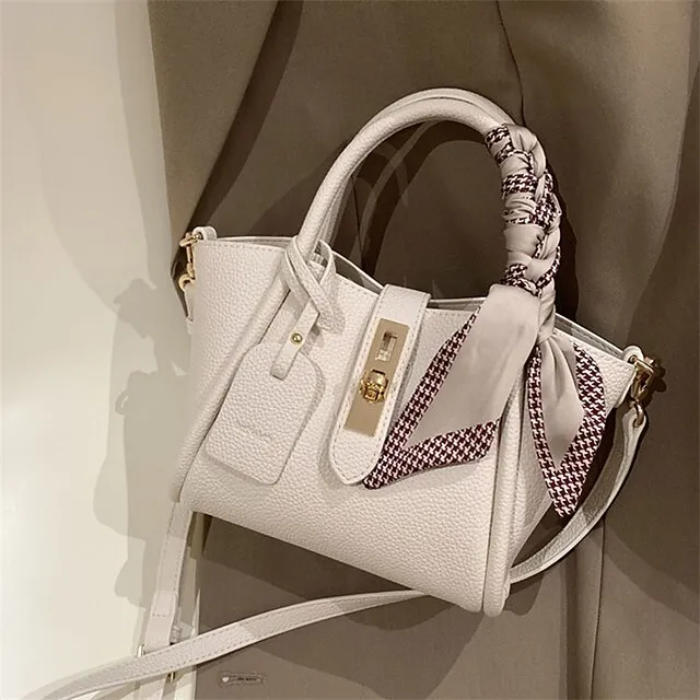 Women's Handbag PU Leather Party Daily Zipper Large Capacity Waterproof Breathable Solid Color Cream white Beige + silk scarf