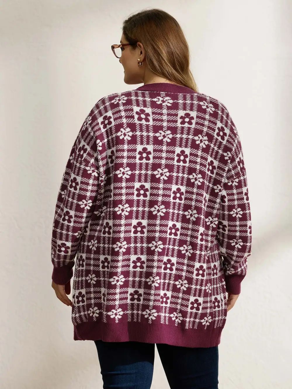 Supersoft Floral Checkered Pockets Knit Cardigan