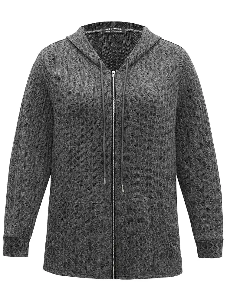 Plain Textured Zipper Hooded Sweatshirt