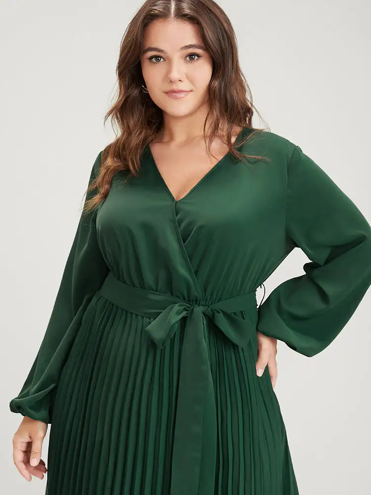 Solid Lantern Sleeve Belted Pleated Wrap Dress