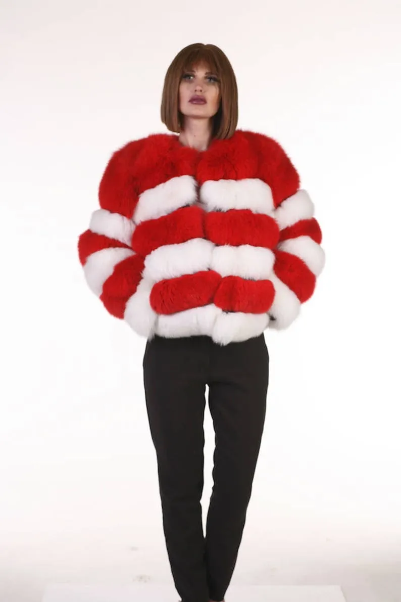 Red and White Fox Fur Jacket
