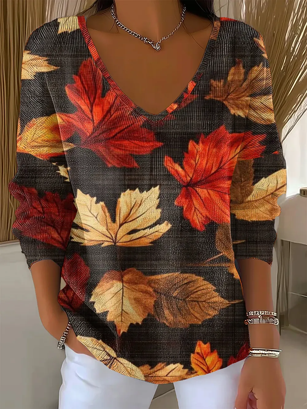 Women's Retro Autumn Maple Leaf Print Drop Shoulder Sweater