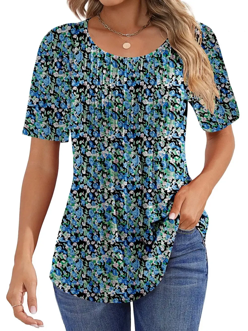 📣Women Summer Pleated Short Sleeve Tunic Blouses Tops
