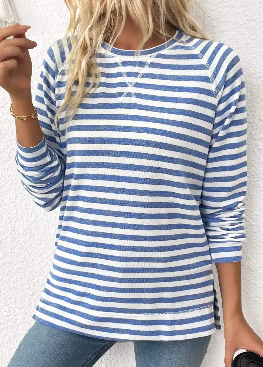 Light Blue Striped Long Sleeve Round Neck T Shirt