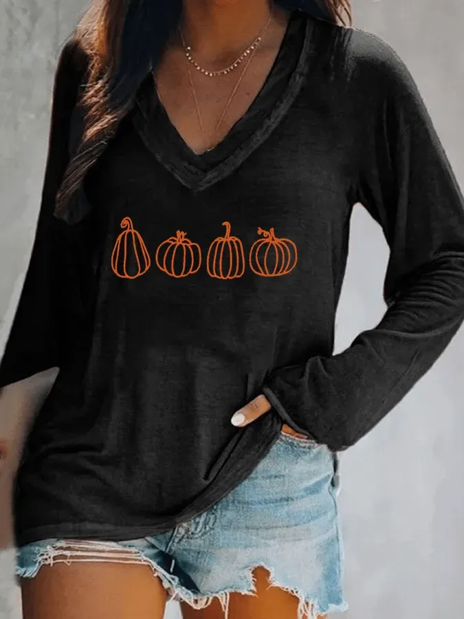 Women's Autumn Line Pumpkin Print V-Neck T-Shirt