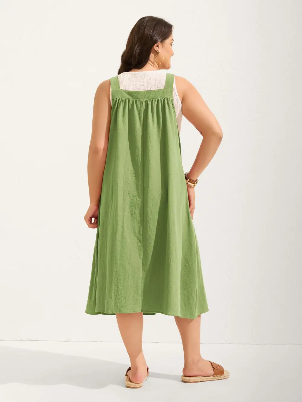 Pure Cotton Pleated Pockets Midi Dress