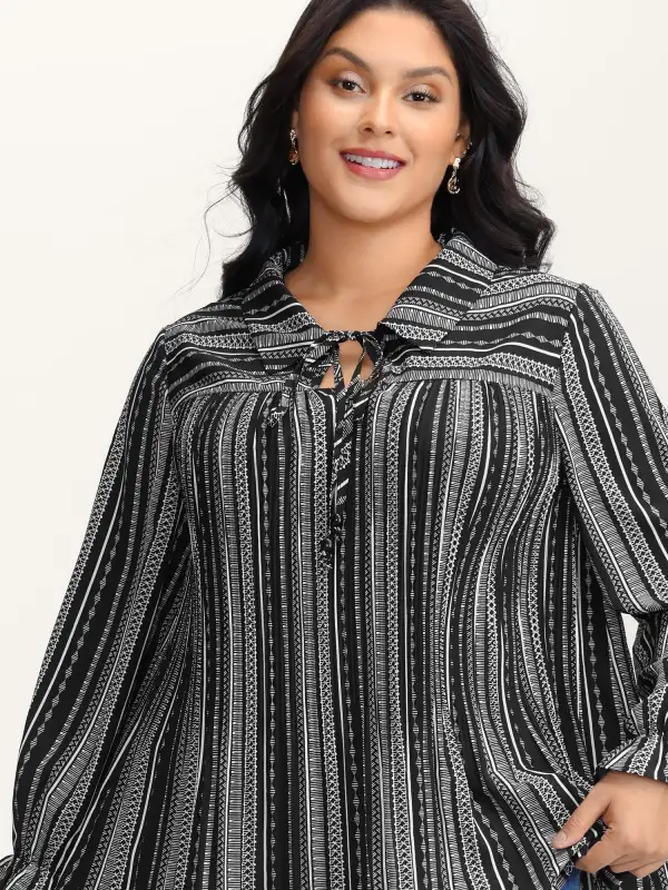 Stripe Print Semi Sheer Pleated Blouse