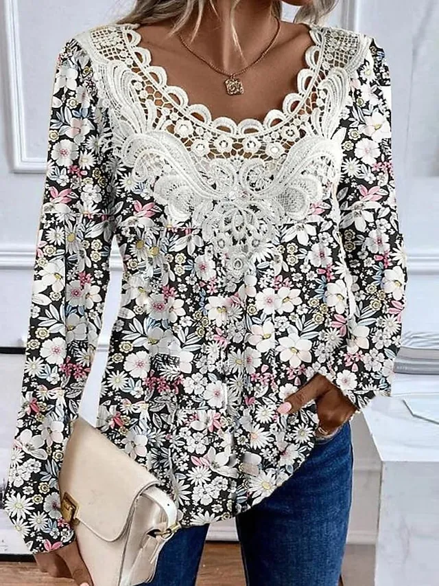 Women's Shirt Blouse Floral Lace Print Casual Holiday Fashion Long Sleeve V Neck Black Spring &  Fall