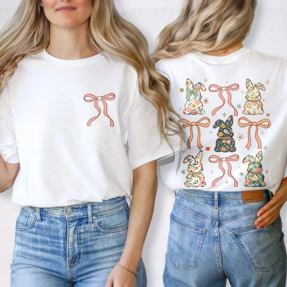 There Are Multiple Rabbit Images Decorated With Floral Patterns, Each Rabbit Is Tied With A Pink Bow. The Overall Style Of The Pattern Is Cute, Full Of Childishness, And A Casual T-Shirt.