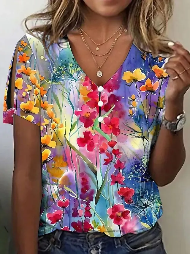 Women's T shirt Tee Floral Button Cut Out Print Holiday Weekend Basic Neon & Bright Short Sleeve V Neck Red
