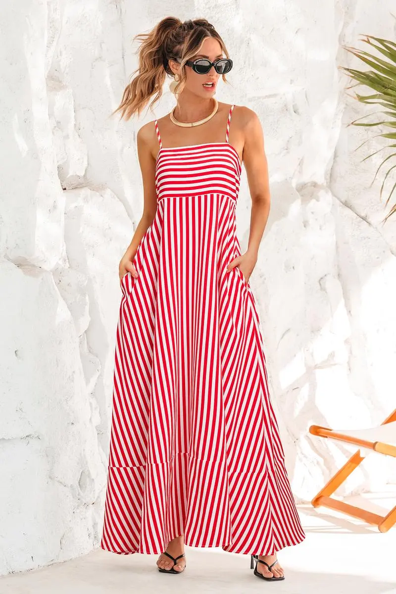 Striped Maxi Dress for Women – Square Neck Sleeveless Sundress, Casual Summer Outfit for Beach, Vacation, or Party