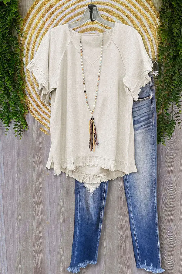 Cotton Blend Ruffled Frayed V-neck T-shirt