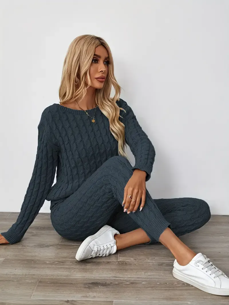 Solid Knitted Matching Two-piece Set, Casual Long Sleeve Sweater & Pants Outfits, Women's Clothing