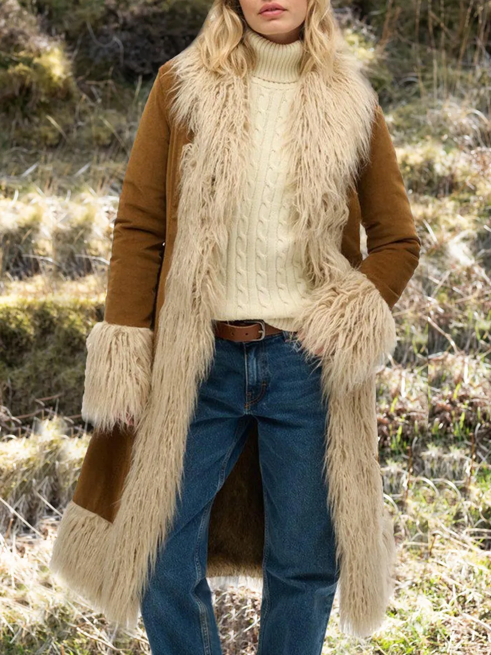 Superdry Faux Fur Lined Longline Afghan Coat, Tobacco Brown