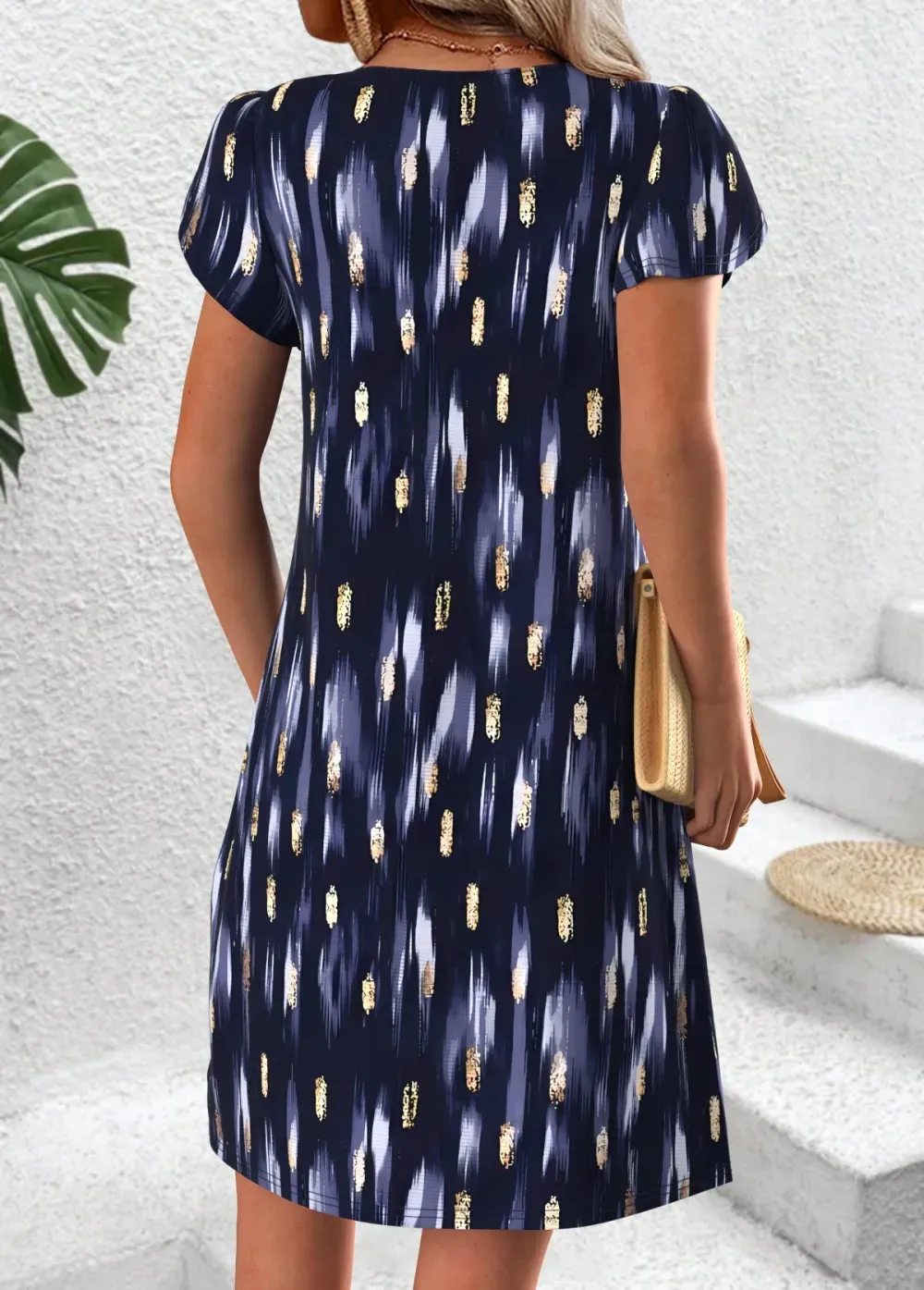 Navy Geometric Print Short Split Neck Dress