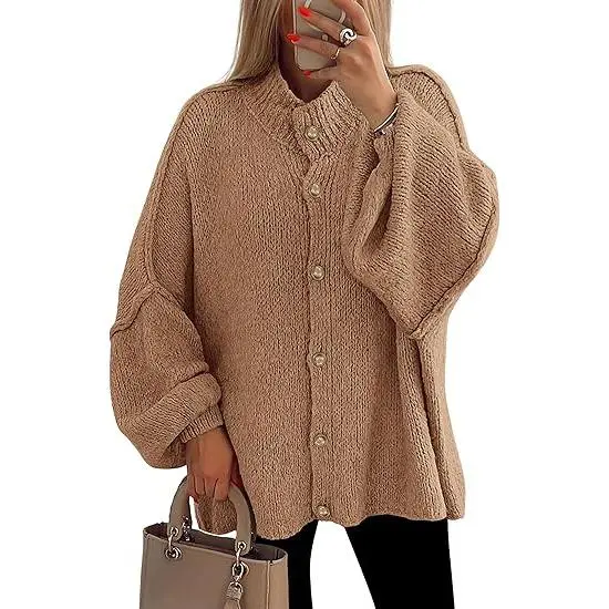 Women's Winter Button Down Cardigan Sweaters Mock Neck Lantern Long Sleeve Chunky Knit Jacket Trendy Outerwear
