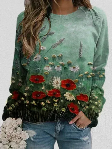 Crew Neck Floral Causal Sweatshirt