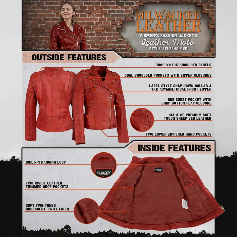 Leather Women's Distressed Red Vegan Leather Motorcycle Style Fashion Jacket SFL2845