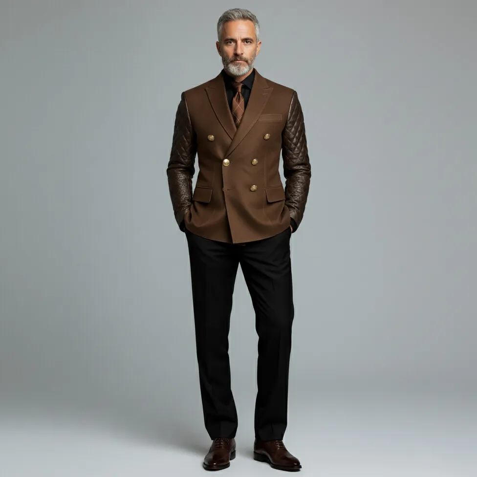 Men's Brown Suede Peak Lapel Double Breasted Quilted PU Leather Long Sleeve Blazer