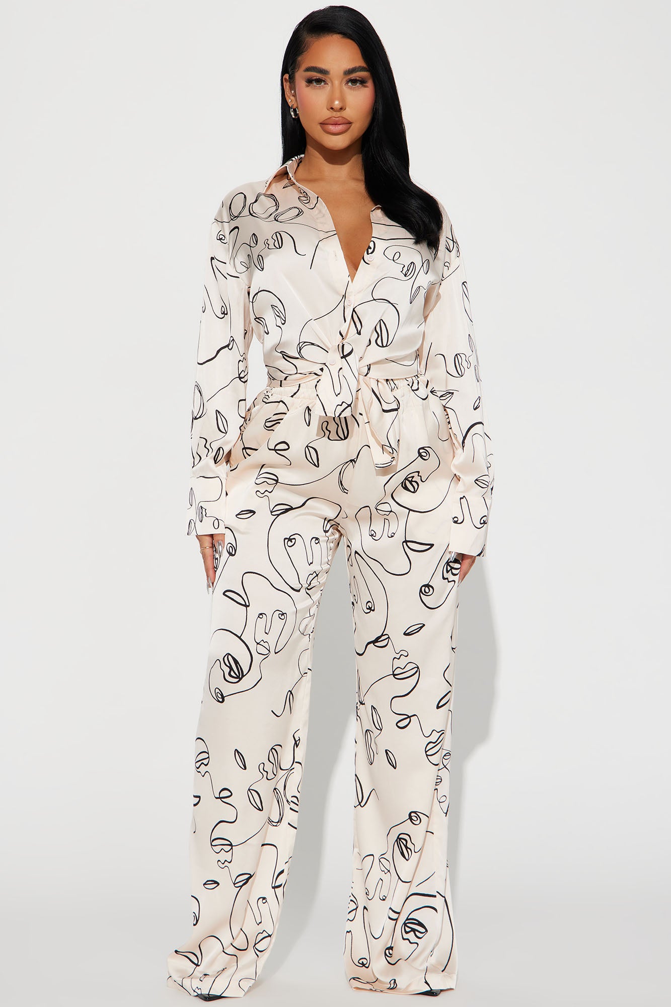 Stop Staring Satin Pant Set - Cream/combo