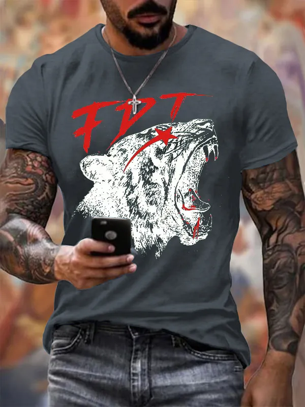 Men'S T-Shirt Men'S Vintage FDT Printed Casual Crew Collar T-Shirt Pure Cotton Short Sleeves