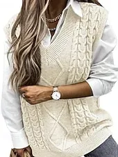 Women's Sweater Sweater Vest Streetwear Casual Solid Color Cable V Neck Knitted Sleeveless Regular Tops Knit Daily Holiday Weekend Wine Red Black Spring Fall