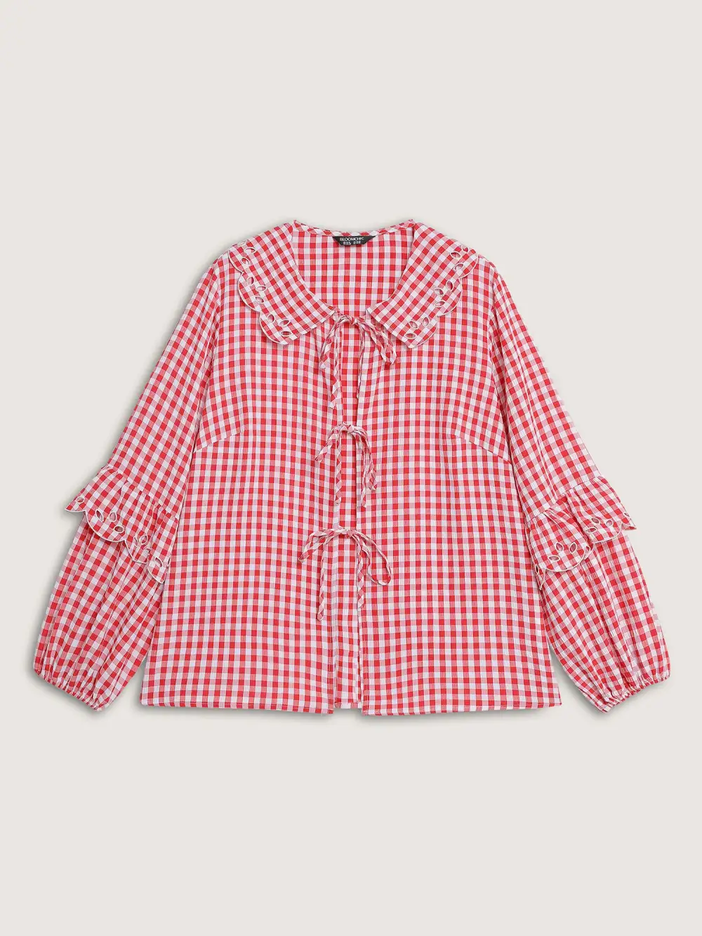 Gingham Embroidered Bow Tie Open-Front Shirt