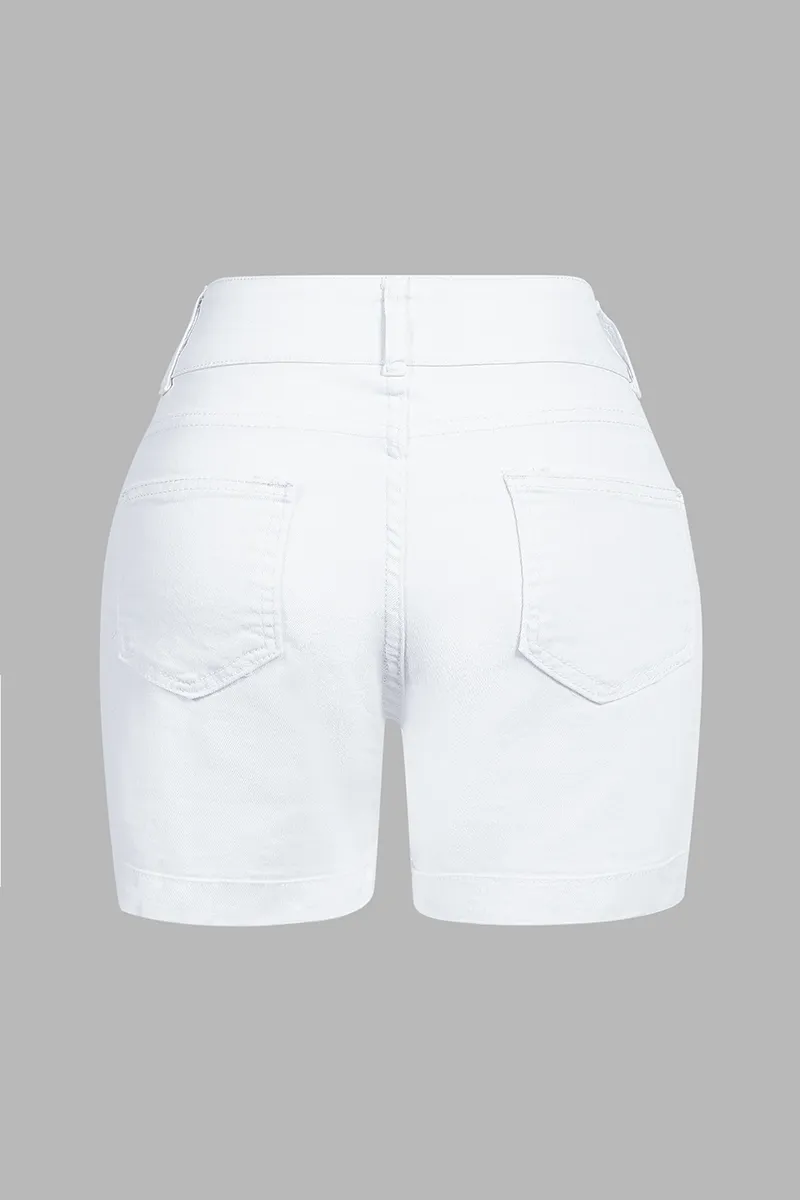 Double Button Ripped Mid Waist Denim Shorts