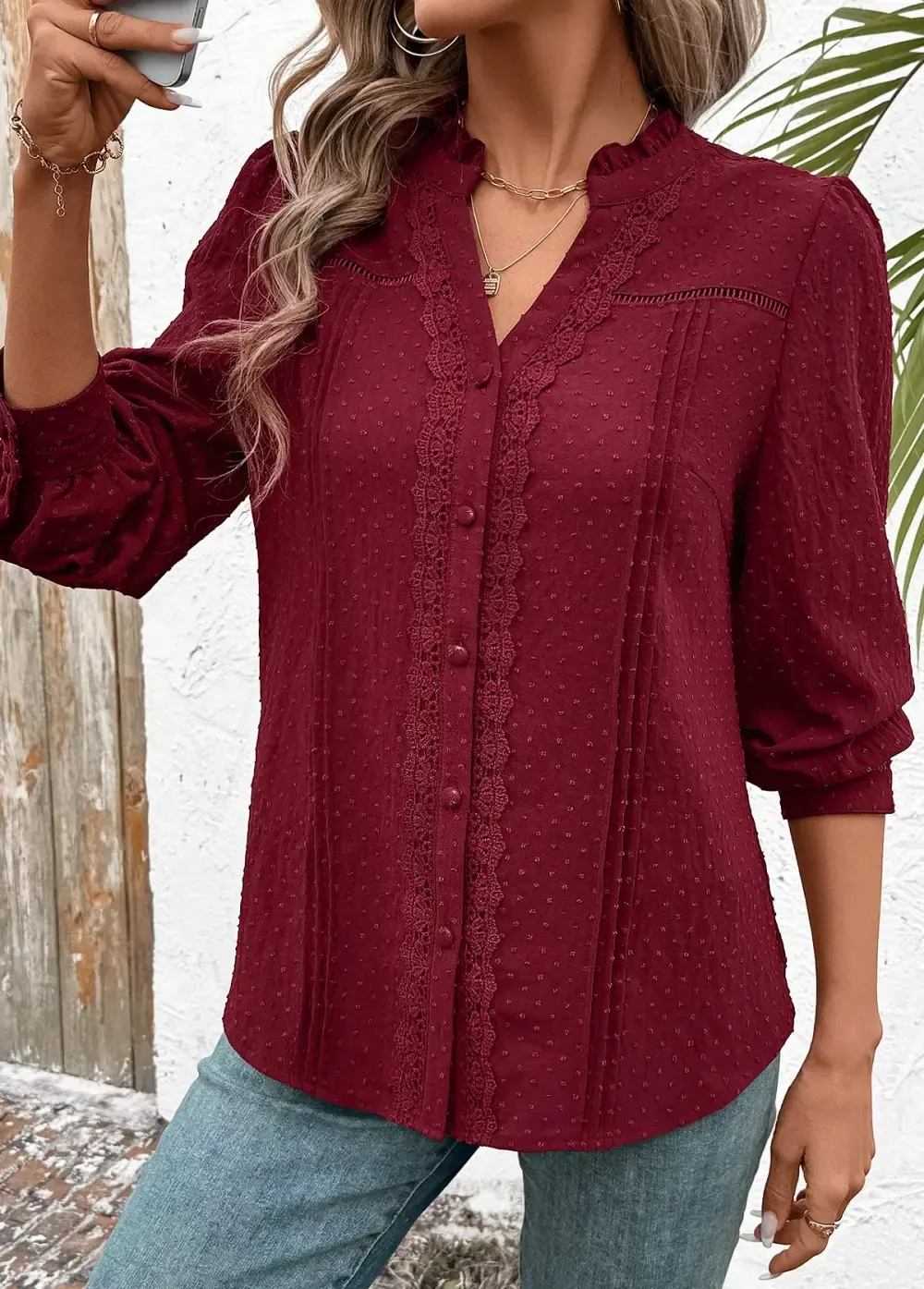 Wine Red Tummy Coverage Long Sleeve V Neck Shirt