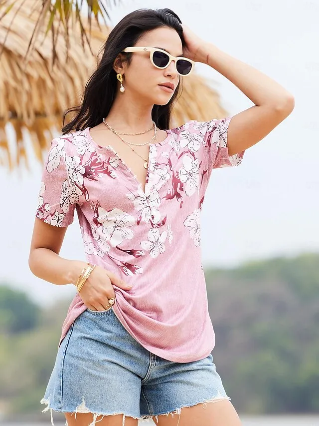 Women's T shirt Tee Henley Shirt Floral Casual Daily Print Red Short Sleeve Vintage Tunic V Neck