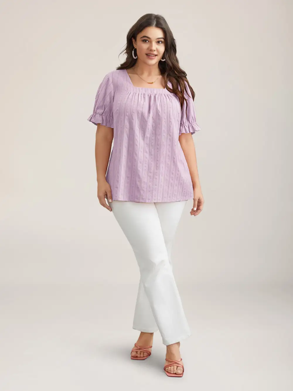 Cotton Square Neck Ruffled Sleeve Shirt