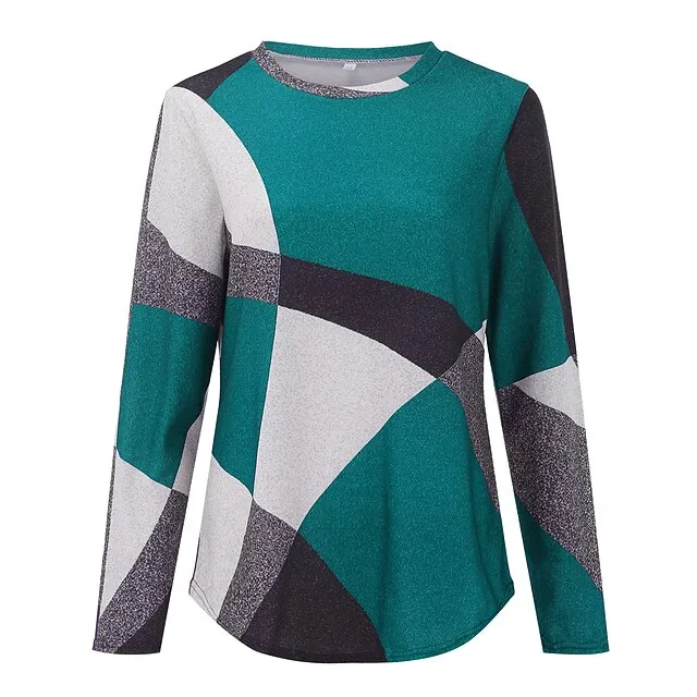 Women's T shirt Tee Red Blue Purple Geometic Color Block Office Basic Round Neck Fall Winter Fall & Winter