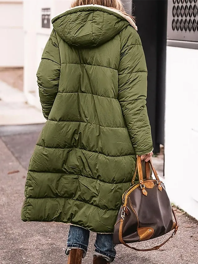 Women's Long Puffer Jacket Winter Fleece Parka  Reversible Thermal Warm Windproof Winter Coat Hooded Jackets