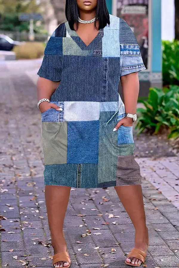 Denim Print Casual V Neck Midi Dress