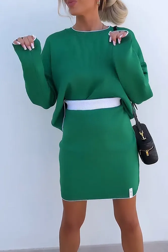 Women's round neck two-piece top and skirt set