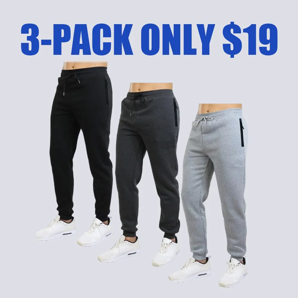 Men's 3 Pack Fleece Active Athletic Jogger Sweatpants with Drawstring Sizes XS-5XL